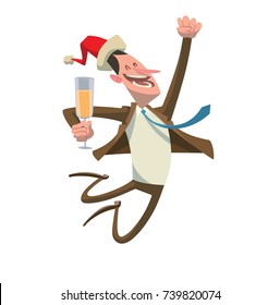 Vector cartoon image of a young man in a brown suit and a red Santa's hat, dancing with a glass of champagne in hand and smiling on a white background. Corporate party, Christmas, New Year, office.