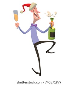 Vector cartoon image of a young man in a red Santa's hat, dancing with a bottle and glass of champagne in hands and smiling on a white background. Corporate party, Christmas, New Year, office.