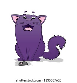 Vector of cartoon images of cute different purple cat. Cowardly cat. Cat afraid of the mouse. Pet. Vector Illustration