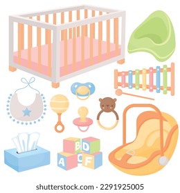 Vector cartoon images of objects for children. The concept of parenting and caring for the baby. Cute delicate elements for your design.