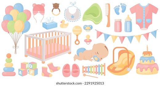 Vector cartoon images of objects for children. The concept of parenting and caring for the baby. Cute delicate elements for your design.