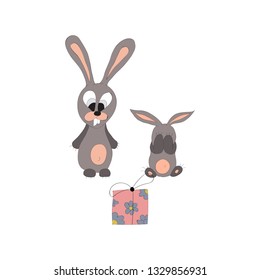 Vector of cartoon imagesof bunny with a gift.The drawing in the style of hand drawn.  Each item can be peredigat. Positive character