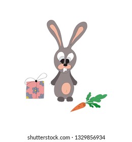 Vector of cartoon imagesof bunny with a gift.The drawing in the style of hand drawn.  Each item can be peredigat. Positive character