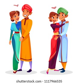 Vector cartoon indian couples hugging expressing love, togetherness set. Happy men, women in ethnic clothing standing together smiling. Husbands and wifes in national costumes dating.