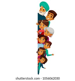 Vector cartoon Indian family characters peeping empty blank space. White paper poster background template. hindu senior man, woman, parents, father mother teen boy, girl kid in national costume