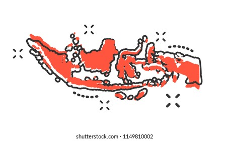 Vector cartoon Indonesia map icon in comic style. Indonesia sign illustration pictogram. Cartography map business splash effect concept.