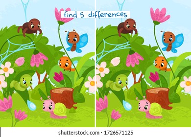 Insectos de dibujos animados vectores. Ilustraciones vectoriales para libros infantiles. Encuentra 5 diferencias. Juego educativo para niños. 