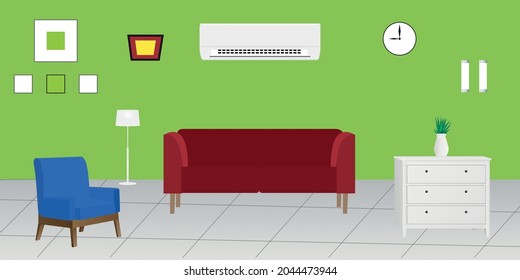 Vector cartoon interior of beautiful house with furniture -sofa,chair,light,ac,clock and flower tob Free Vector
