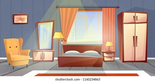 Vector cartoon interior of cozy bedroom with window. Living apartment with furniture - double bed, dresser and carpet. Colorful background of house inside