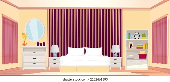 Vector Cartoon Interior Of Cozy Bedroom With Windows. Living Apartment With Furniture - Double Bed, Carpet, Mirror, Lamps And Closet. Colorful Background Of House Inside. Vector Illustration.