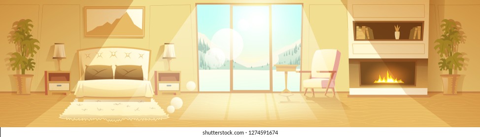 Vector cartoon interior of cozy hotel bedroom with furniture - double bed, carpet and fireplace. Living apartment of winter resort with window - snowy mountains outside. Colorful background.