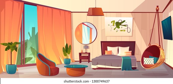 Vector cartoon interior of cozy hotel bedroom with furniture - double bed, carpet and fireplace. Living apartment of tropical resort with window, green plants. Summer rest. Colorful background.