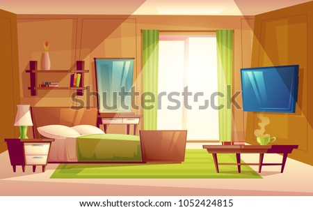 Vector cartoon interior of cozy modern bedroom, living room with double bed, TV set, dresser, bookshelf, carpet, house inside. Colorful background, apartment concept with furniture