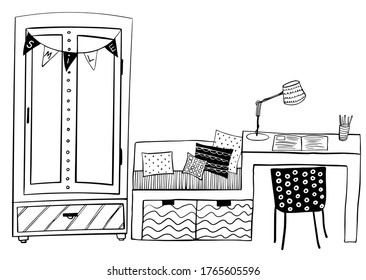 vector cartoon interior with cupboard, cozy sofa and workplace with table and chair