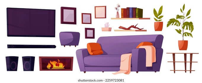 Vector cartoon interior furniture set for living room. Isolated tv, sofa, fireplace and console for diy construction scandinavian house. Creation of comfortable indoor hygge lifestyle picture.