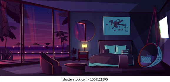 Vector cartoon interior of hotel bedroom at night. Living apartment of tropical resort with window, water pool. Furniture - double bed, carpet and fireplace. Summer rest. Sunset background.