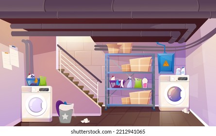 Vector cartoon interior of house basement with washing and dryer machine, stairs, basket with dirty linen, carton boxes and detergents on shelves. Laundry room or home cellar in cottage.