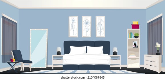 Vector Cartoon Interior Of Minimalist Bedroom With Windows. Modern Living Apartment With Furniture - Double Bed, Carpet, Mirror, Lamps And Closet. Colorful Background Of House Inside. 