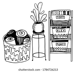 vector cartoon interior set of basket with towels, rack with clothes and cactus in the pot