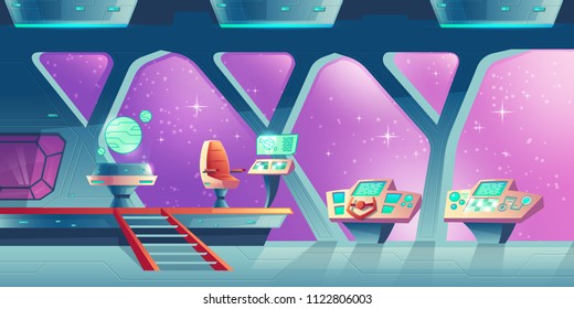 Vector cartoon interior of spaceship, cockpit with control panels and handwheel. Compartment for crew and pilots with chair for captain and virtual map of universe. Concept background for game design