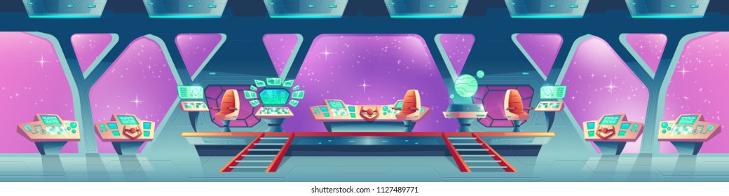 Caricatura vectorial interior de la nave espacial con paneles de control, pantallas virtuales. Compartimento para la tripulación con sillas para pilotos, grandes baches con vistas al espacio exterior. Fondo conceptual para el diseño de juegos