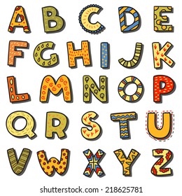 Vector cartoon isolated alphabet sticker set. Alphabet can be used for scrap booking, posters, school projects.