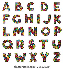 Vector cartoon isolated alphabet sticker set in mosaic style. Alphabet can be used for scrap booking, posters, school projects.