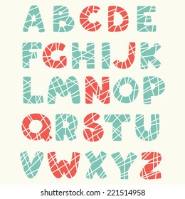 Vector cartoon isolated alphabet sticker set in mosaic style. Alphabet can be used for scrap booking, posters, school projects.