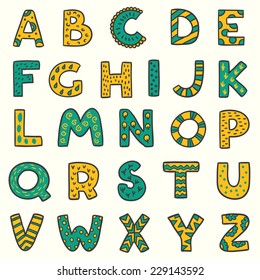 Vector cartoon isolated alphabet sticker set in mosaic style. Alphabet can be used for scrap booking, posters, school projects.