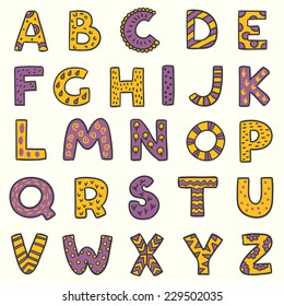 Vector cartoon isolated alphabet sticker set in mosaic style. Alphabet can be used for scrap booking, posters, school projects.