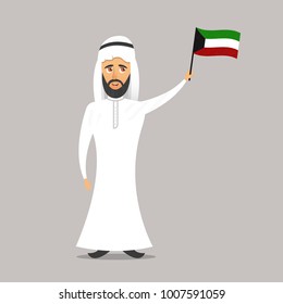 Vector cartoon isolated arab man character with Kuwait Flag on the gray background.