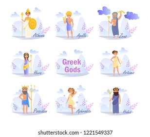 Vector. Cartoon. Isolated art on white background. Flat Greek gods. Artemis, Poseidon, Aphrodite, Hades, Hera, Apollo, Zeus, Athena. 