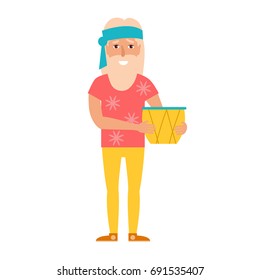 Vector. Cartoon. Isolated art on white background. Flat. Elderly hippie with a drum.