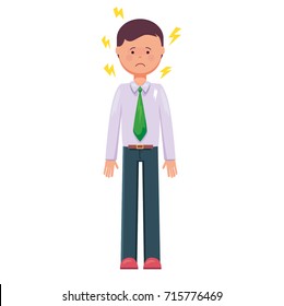 Vector Cartoon Isolated Color Illustration Of Nervous Office Worker With Headache. Anxiety At Work Character