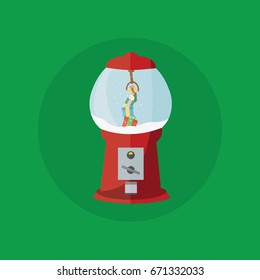 vector cartoon isolated gumball machine with a box gifts with santa claus. merry christmas on flat design green round circle