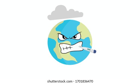 Dibujo vectorial aislado Ilustración de una Tierra Contaminada Enfadada con una nube y un termómetro