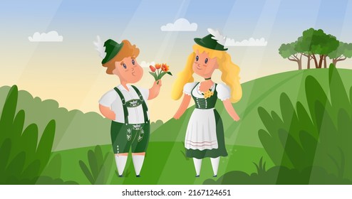 Vector cartoon isolated illustration with characters in traditional German, Bavarian costumes. A young man gives a woman bouquet of flowers, tulips. It can be used in web design, banners, etc.