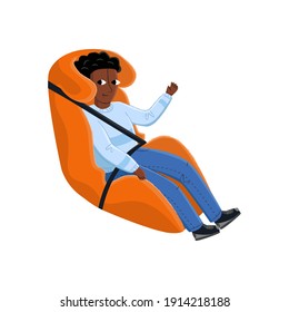 Dibujo vectorial aislado con niños sentados en el auto en un asiento seguro para auto. Concepto de transporte adecuado de niños, seguridad, reglas.