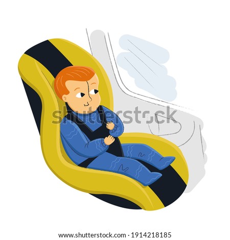 Vector cartoon isolated illustration with child sitting in car in safe car seat. Concept proper transportation of children, safety, rules.