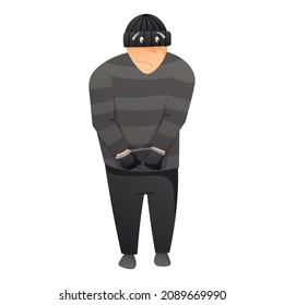 Vector cartoon isolated illustration of a male thief or crook in a mask and gloves. Detention of a criminal, handcuffed hands.