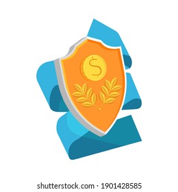 Vector cartoon isolated illustration of metaphor with protective shield on which coin is depicted. Background is white, ribbon. Concept protecting investments, money, bank, business, trust.