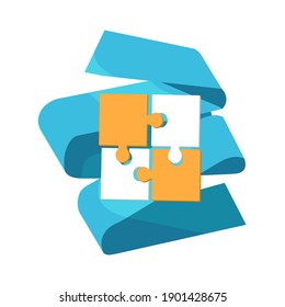 Vector cartoon isolated illustration metaphor with folded puzzle. Concept collaboration, solutions, success, business. Background is white, ribbon.