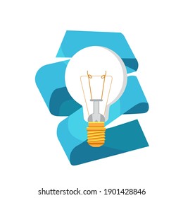 Vector cartoon isolated illustration metaphor with light bulb on. Background is white, ribbon. Concept business, creativity, ideas.