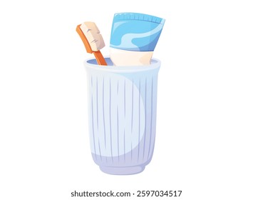 Vector cartoon isolated illustration of a toothbrush and toothpaste in a glass cup. Essential oral care items for daily hygiene and fresh breath.