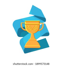 Vector cartoon isolated illustration with winner s gold cup, which depicts laurel wreath. On background twisted spiral ribbon. Concept winning, success, good luck.