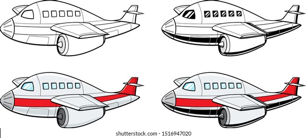 Vector Cartoon Of An Isolated Jet Liner Aircraft In Side View Rendered In Four Different Versions In Color And Black And White