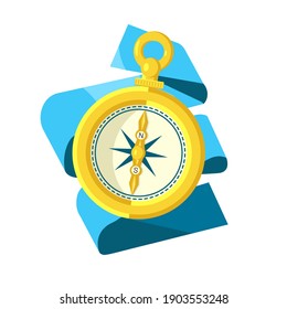 Vector cartoon isolated metaphor illustration with gold vintage compass. White background, blue folded ribbon. Concept of orientation, path, tourism, business.