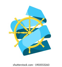 Vektorgrafik einzelne Metapher-Illustration mit goldenem Vintage-Lenkrad. Weißer Hintergrund mit blauem gefaltetem Band. Konzept-Management, Weg, Richtung Bewegung, richtige Wahl, Strategie.