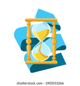 Vector cartoon isolated metaphor illustration hourglass vintage clock. White background with blue folded ribbon. Concept of time, management, business, planning.