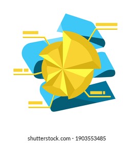 Vector cartoon isolated metaphor illustration with abstract circular directional diagram. White background with blue folded ribbon. Concept of business, analytics, mathematics, statistics.